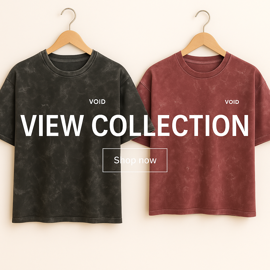 SEO Alt Text: “VOID Threads acid wash oversized streetwear t-shirts in black and maroon, minimal hanger display, premium unisex fashion collection banner.”
